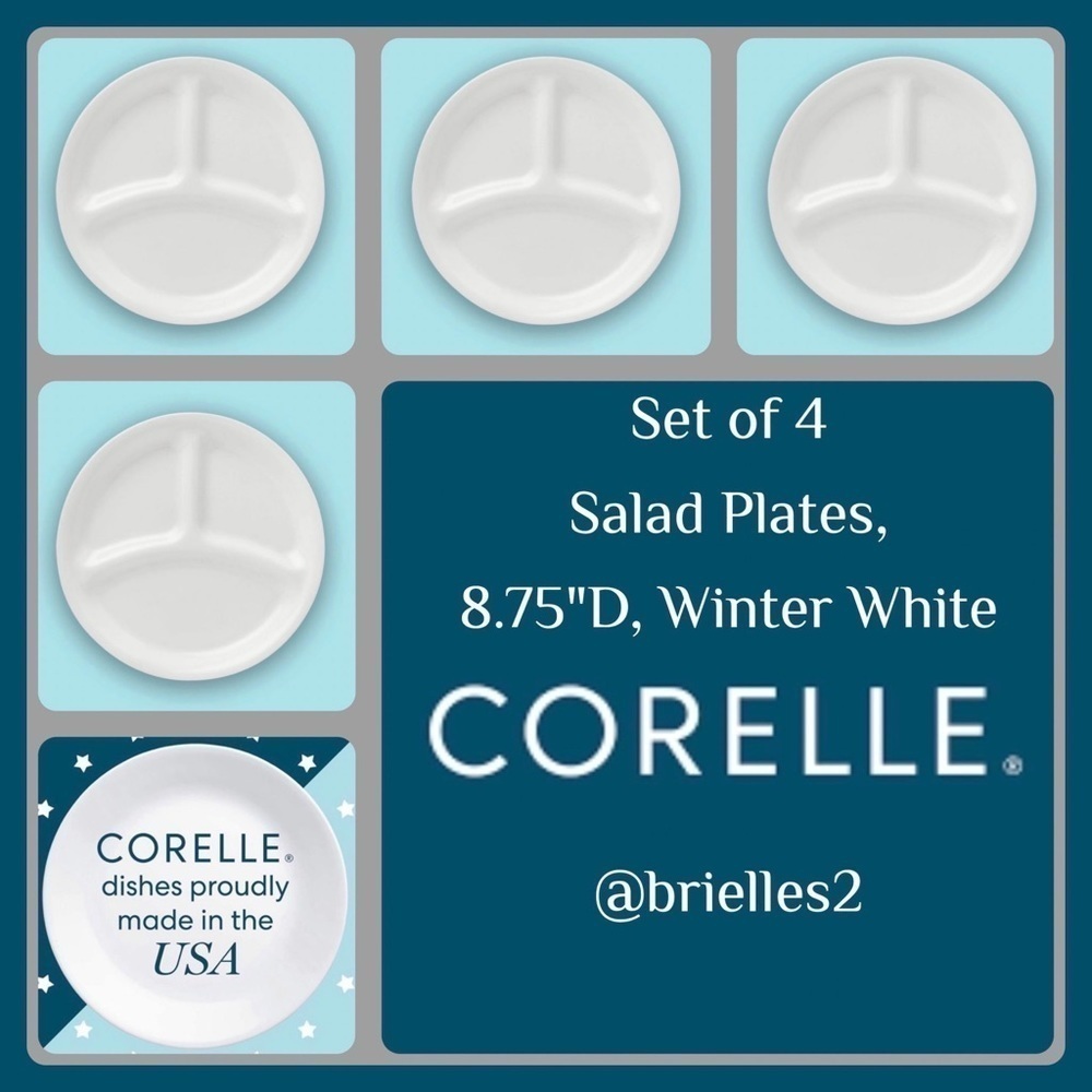 CORELLE Winter Frost White Divided 8.75" D Lunch Plates, Set of 4, Brand New